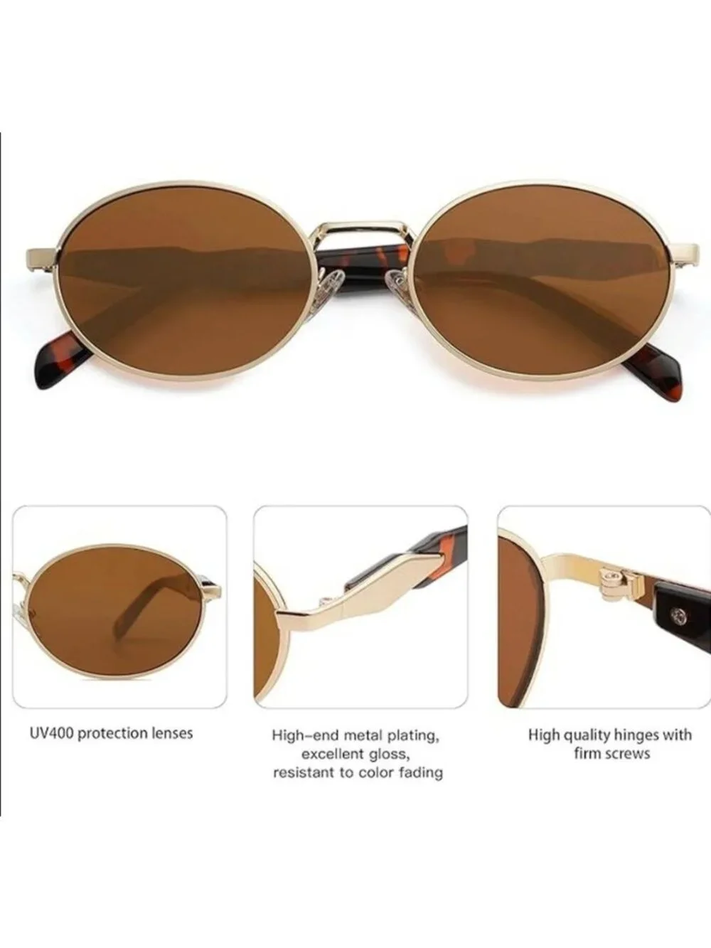 Unisex Oval Gold Frame Sunglasses With Brown Tea Lenses & Black Arms